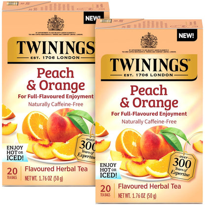 Peach & Orange Herbal Tea 2-Pack (20 Tea Bags Ea) – Naturally Caffeine-Free Sweet & Juicy Tea + Reusable Tea Bag Holder
