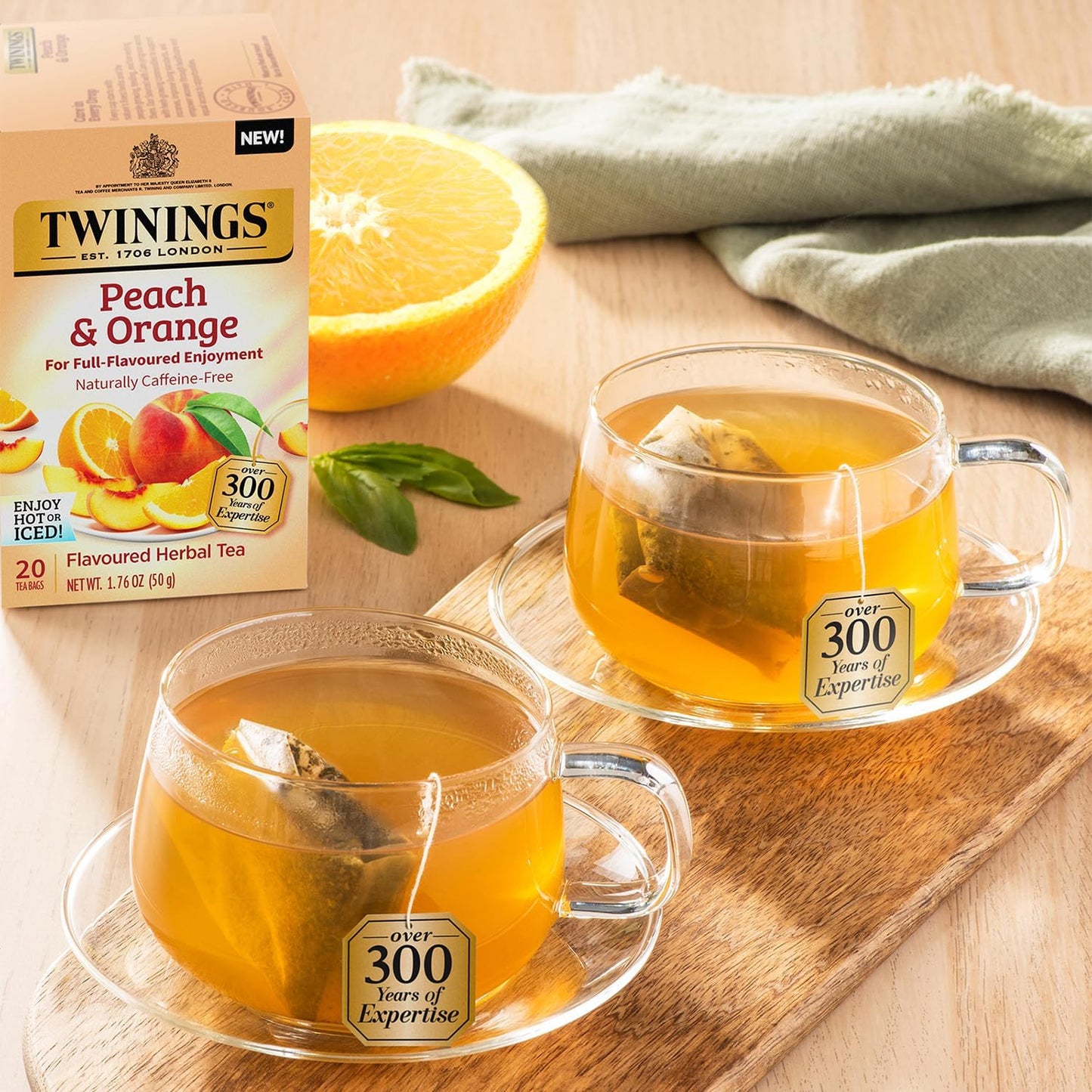 Peach & Orange Herbal Tea 2-Pack (20 Tea Bags Ea) – Naturally Caffeine-Free Sweet & Juicy Tea + Reusable Tea Bag Holder