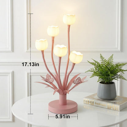 Pink Flower Table Lamp, 5-Light Adjustable Gooseneck Cute Desk Lamp