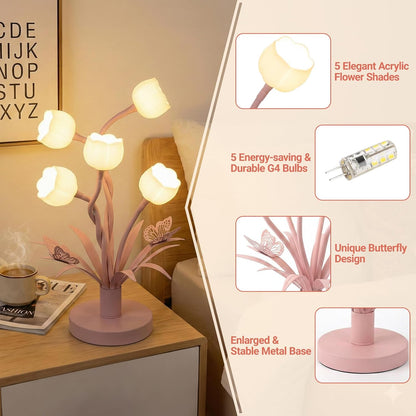 Pink Flower Table Lamp, 5-Light Adjustable Gooseneck Cute Desk Lamp