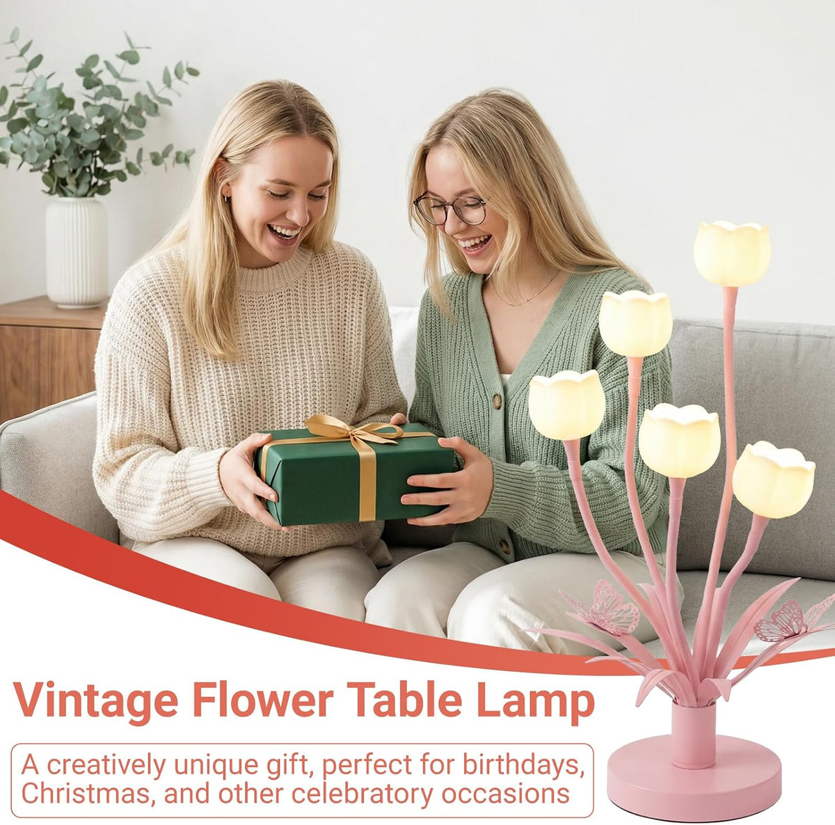 Pink Flower Table Lamp, 5-Light Adjustable Gooseneck Cute Desk Lamp