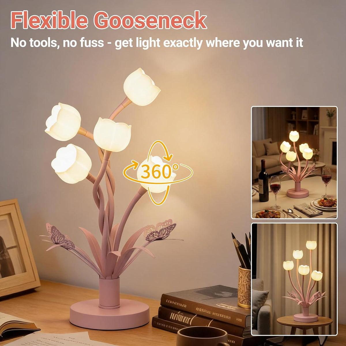 Pink Flower Table Lamp, 5-Light Adjustable Gooseneck Cute Desk Lamp