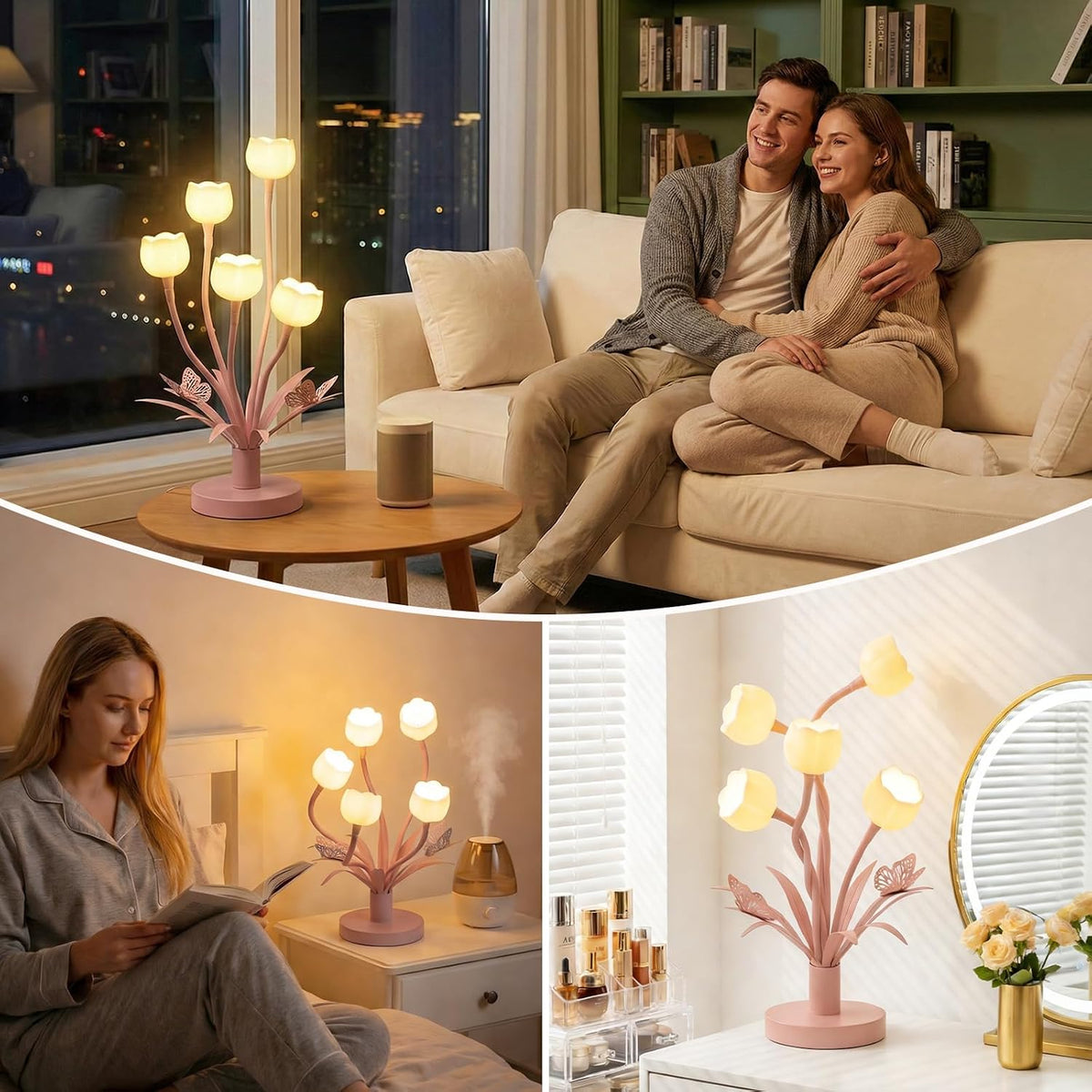 Pink Flower Table Lamp, 5-Light Adjustable Gooseneck Cute Desk Lamp