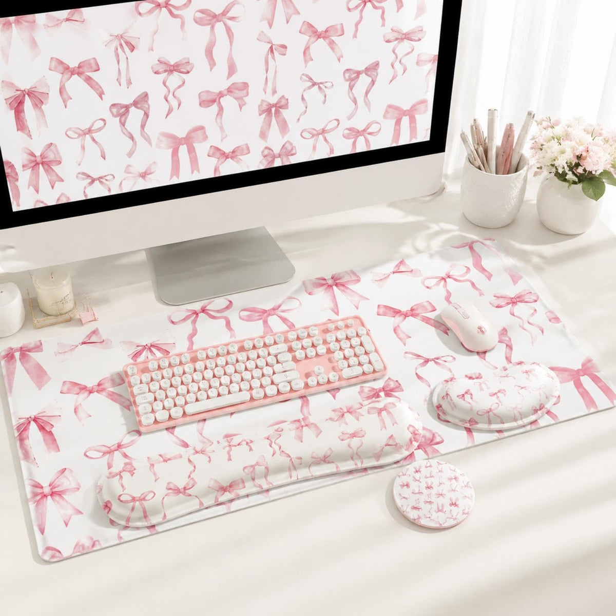 4 Pcs Pink Bow Mouse Pad Keyboard Mat Set Wrist Rest