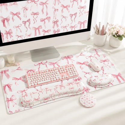 4 Pcs Pink Bow Mouse Pad Keyboard Mat Set Wrist Rest