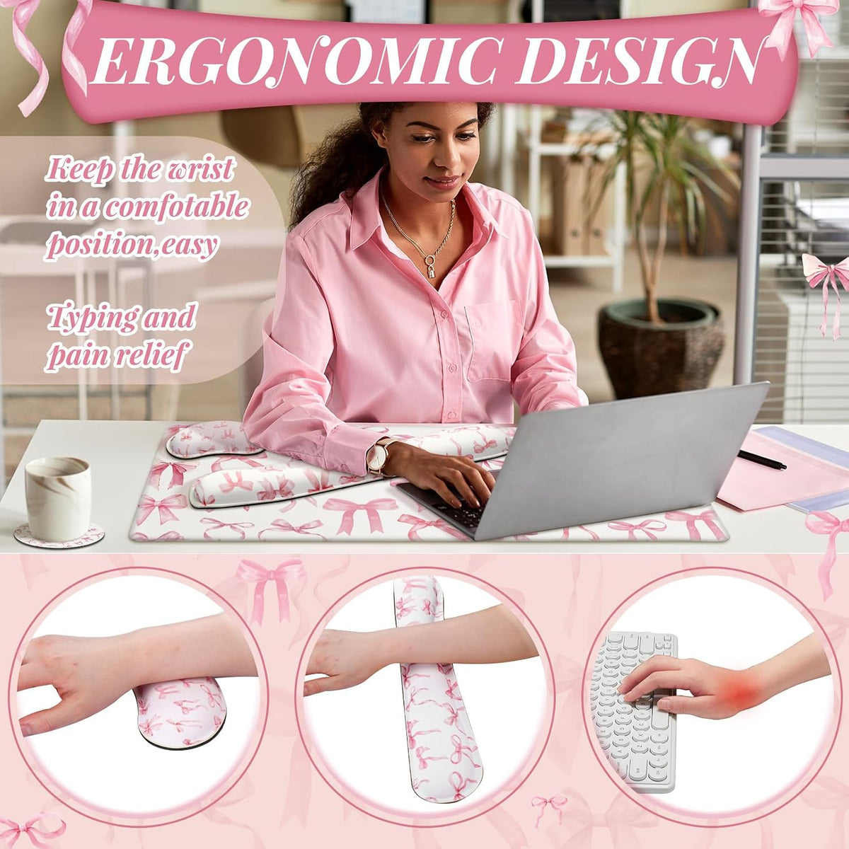 4 Pcs Pink Bow Mouse Pad Keyboard Mat Set Wrist Rest