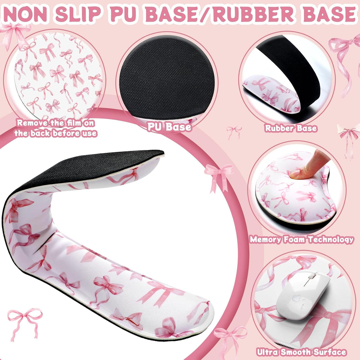 4 Pcs Pink Bow Mouse Pad Keyboard Mat Set Wrist Rest