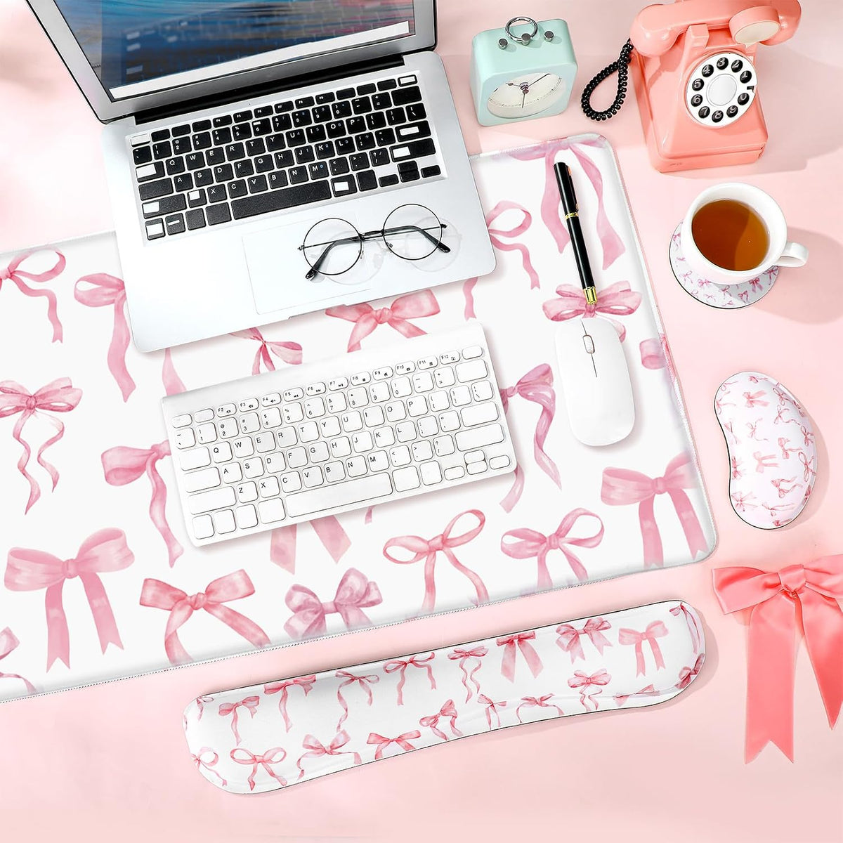 4 Pcs Pink Bow Mouse Pad Keyboard Mat Set Wrist Rest