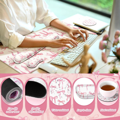 4 Pcs Pink Bow Mouse Pad Keyboard Mat Set Wrist Rest