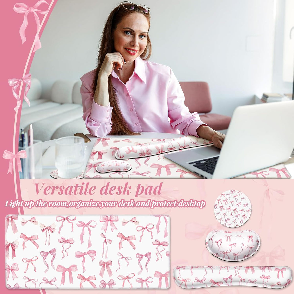 4 Pcs Pink Bow Mouse Pad Keyboard Mat Set Wrist Rest