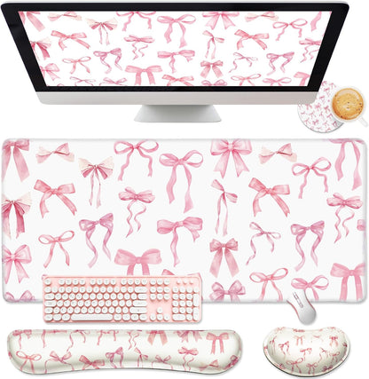 4 Pcs Pink Bow Mouse Pad Keyboard Mat Set Wrist Rest