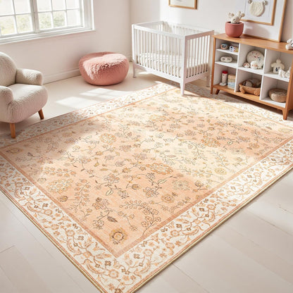 Peach Rug for Girls Room, 5x7 Floral Washable Area Rug Non Slip, Boho Low Pile Carpet with Rubber Backing for Bedroom Living Room Bathroom Playroom Nursery Office