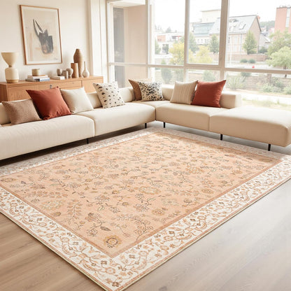 Peach Rug for Girls Room, 5x7 Floral Washable Area Rug Non Slip, Boho Low Pile Carpet with Rubber Backing for Bedroom Living Room Bathroom Playroom Nursery Office