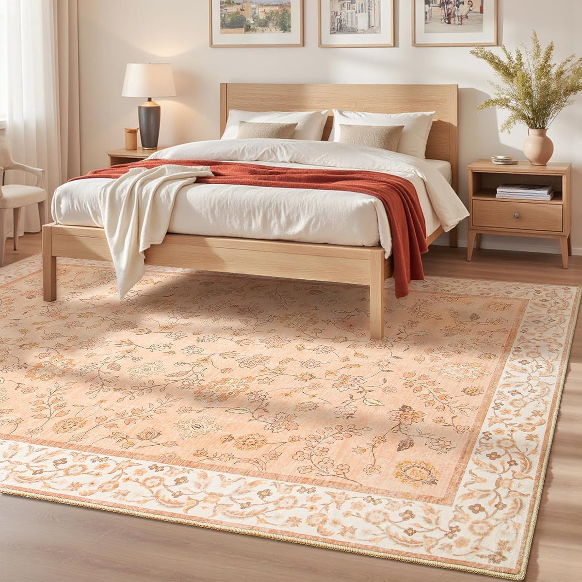 Peach Rug for Girls Room, 5x7 Floral Washable Area Rug Non Slip, Boho Low Pile Carpet with Rubber Backing for Bedroom Living Room Bathroom Playroom Nursery Office
