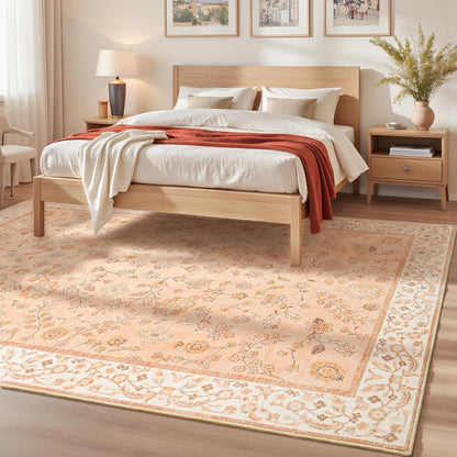 Peach Rug for Girls Room, 5x7 Floral Washable Area Rug Non Slip, Boho Low Pile Carpet with Rubber Backing for Bedroom Living Room Bathroom Playroom Nursery Office