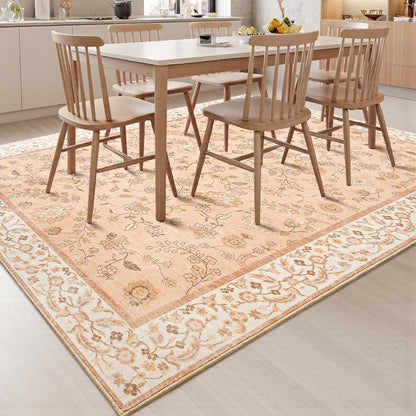 Peach Rug for Girls Room, 5x7 Floral Washable Area Rug Non Slip, Boho Low Pile Carpet with Rubber Backing for Bedroom Living Room Bathroom Playroom Nursery Office