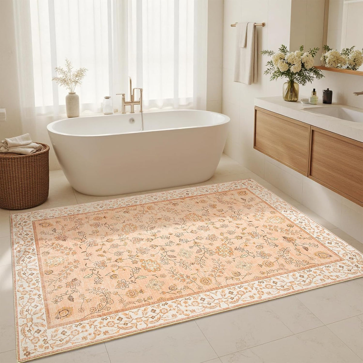 Peach Rug for Girls Room, 5x7 Floral Washable Area Rug Non Slip, Boho Low Pile Carpet with Rubber Backing for Bedroom Living Room Bathroom Playroom Nursery Office