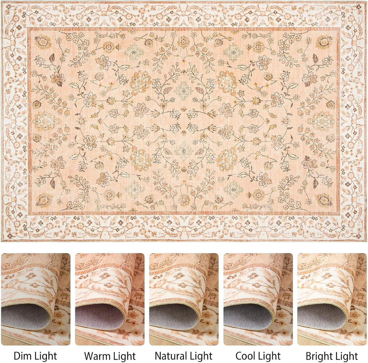 Peach Rug for Girls Room, 5x7 Floral Washable Area Rug Non Slip, Boho Low Pile Carpet with Rubber Backing for Bedroom Living Room Bathroom Playroom Nursery Office