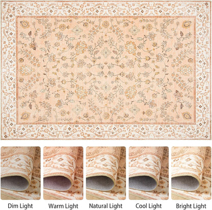 Peach Rug for Girls Room, 5x7 Floral Washable Area Rug Non Slip, Boho Low Pile Carpet with Rubber Backing for Bedroom Living Room Bathroom Playroom Nursery Office