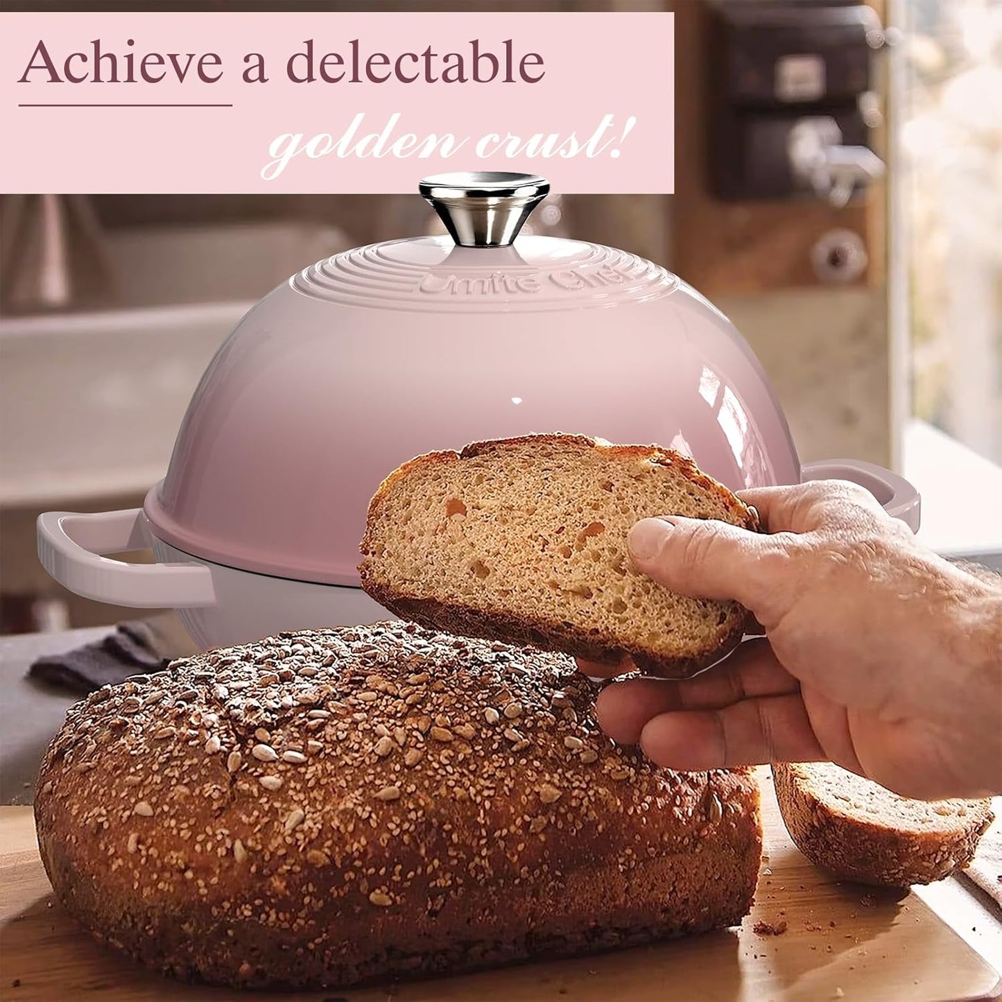 Cast Iron Dutch Oven Pot with Lid, Round Bread Oven for Sourdough Bread Baking, Enameled Cast Iron Bread Oven with Dome Lid & Cotton Potholders for Sourdough, Pink, 6 Quarts