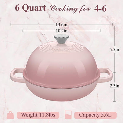 Cast Iron Dutch Oven Pot with Lid, Round Bread Oven for Sourdough Bread Baking, Enameled Cast Iron Bread Oven with Dome Lid & Cotton Potholders for Sourdough, Pink, 6 Quarts