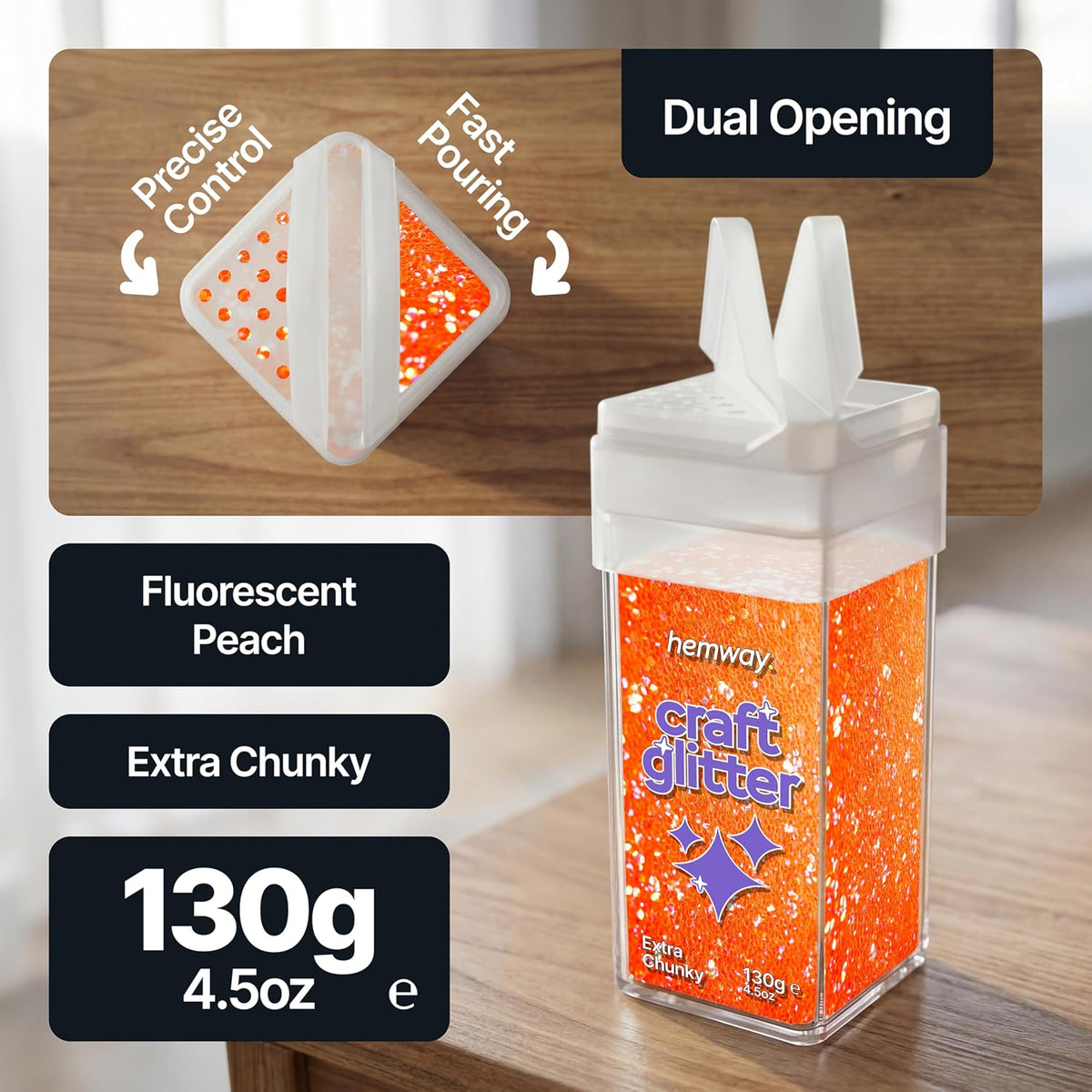 Craft Glitter Shaker Fluorescent Peach 130g Extra Chunky