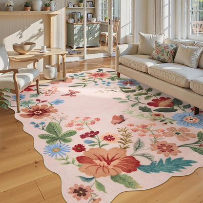 Floral Washable Area Rugs 5x7, Soft Pink Rugs for Living Room