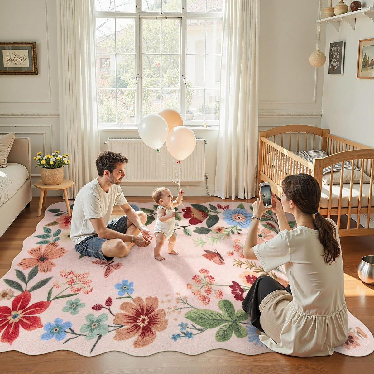 Floral Washable Area Rugs 5x7, Soft Pink Rugs for Living Room