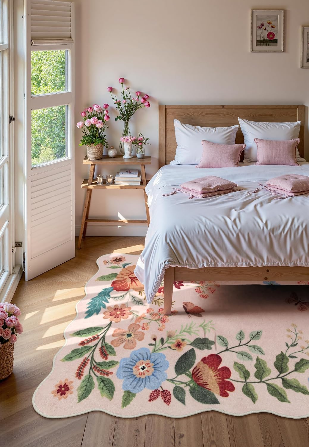 Floral Washable Area Rugs 5x7, Soft Pink Rugs for Living Room