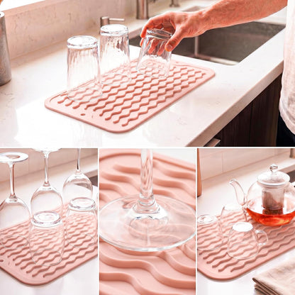 Silicone Dish Drying Mat for Multiple Usage,Easy clean,Eco-friendly,Heat-resistant Silicone Mat for Kitchen Counter or Sink,Refrigerator or Drawer Liner Pink S 12 inches x 6 inches