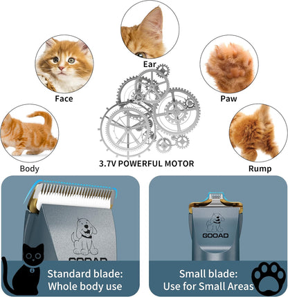Professional Cat Clippers & Dog Grooming Kit, Cordless Low Noise Clippers for Thick & Matted Coats, Quiet Shaver Hair Trimmer with Paw Trimmer for Pets (Blue)
