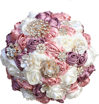 Bridal Wedding Bouquet with Rhinestone Brooch Pearl for Bride Bridesmaid Quinceanera Satin Rose Flower Bouquet Wedding Eggplant Purple Blush Pink and Ivory 8.7in