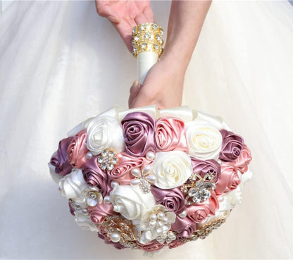 Bridal Wedding Bouquet with Rhinestone Brooch Pearl for Bride Bridesmaid Quinceanera Satin Rose Flower Bouquet Wedding Eggplant Purple Blush Pink and Ivory 8.7in