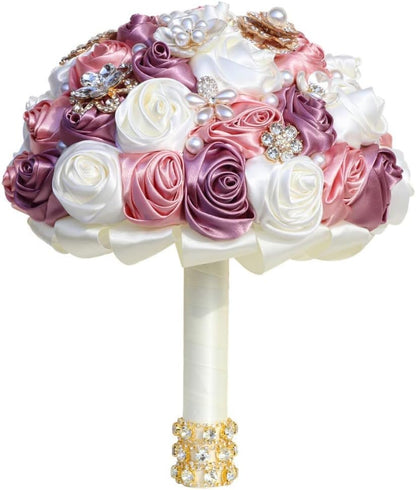 Bridal Wedding Bouquet with Rhinestone Brooch Pearl for Bride Bridesmaid Quinceanera Satin Rose Flower Bouquet Wedding Eggplant Purple Blush Pink and Ivory 8.7in