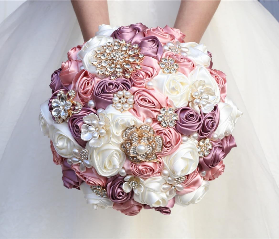 Bridal Wedding Bouquet with Rhinestone Brooch Pearl for Bride Bridesmaid Quinceanera Satin Rose Flower Bouquet Wedding Eggplant Purple Blush Pink and Ivory 8.7in