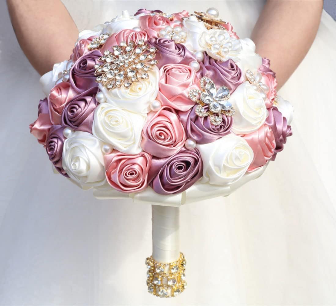 Bridal Wedding Bouquet with Rhinestone Brooch Pearl for Bride Bridesmaid Quinceanera Satin Rose Flower Bouquet Wedding Eggplant Purple Blush Pink and Ivory 8.7in