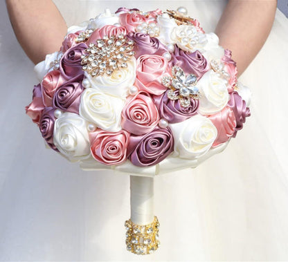 Bridal Wedding Bouquet with Rhinestone Brooch Pearl for Bride Bridesmaid Quinceanera Satin Rose Flower Bouquet Wedding Eggplant Purple Blush Pink and Ivory 8.7in