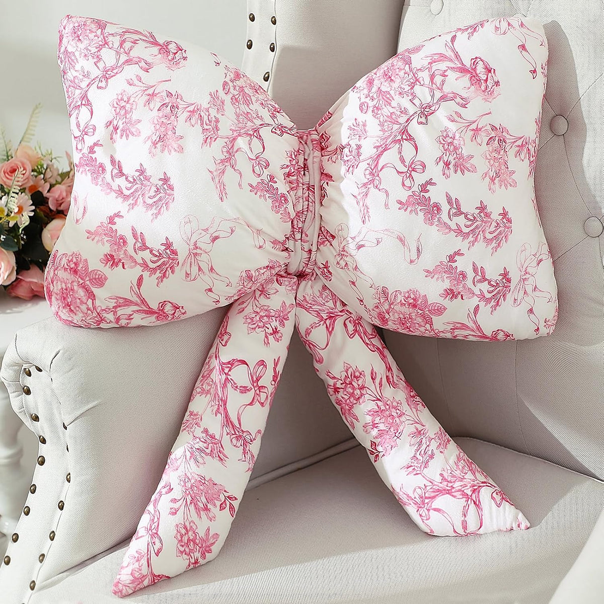 Bow Shaped Throw Pillow 24 Inch Pink White Floral Decorative