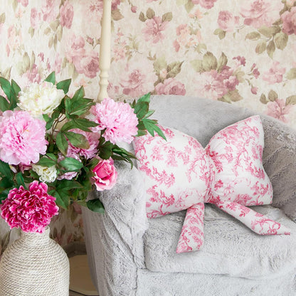 Bow Shaped Throw Pillow 24 Inch Pink White Floral Decorative