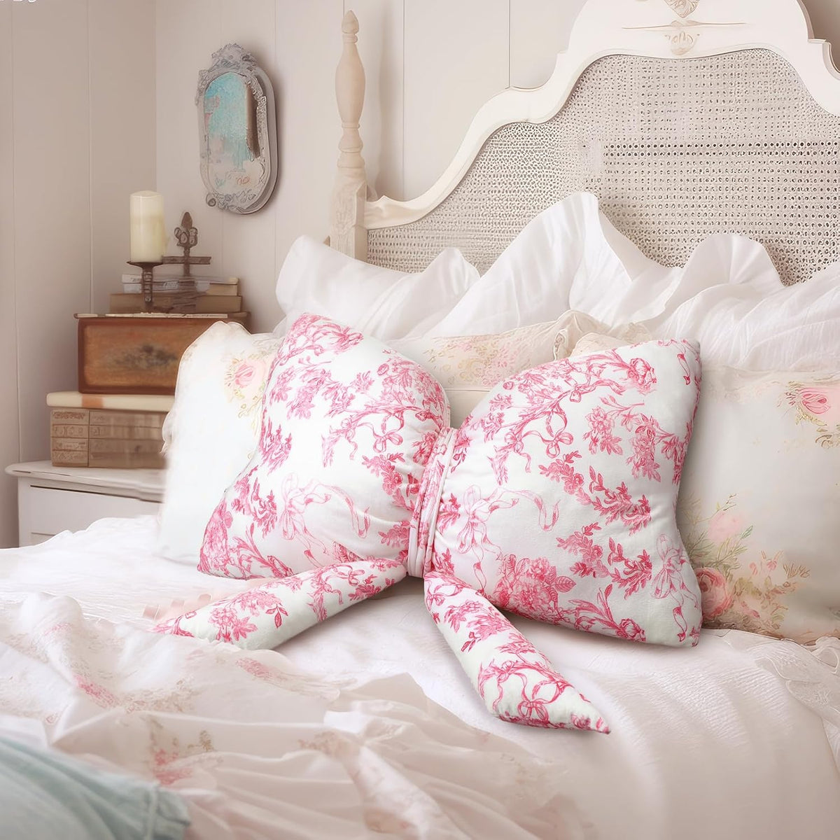 Bow Shaped Throw Pillow 24 Inch Pink White Floral Decorative