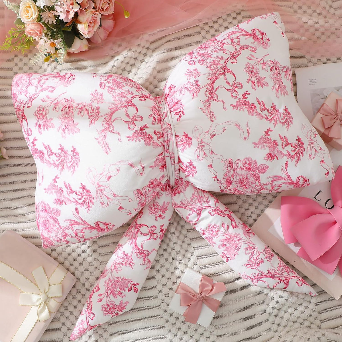 Bow Shaped Throw Pillow 24 Inch Pink White Floral Decorative
