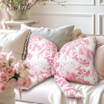 Bow Shaped Throw Pillow 24 Inch Pink White Floral Decorative