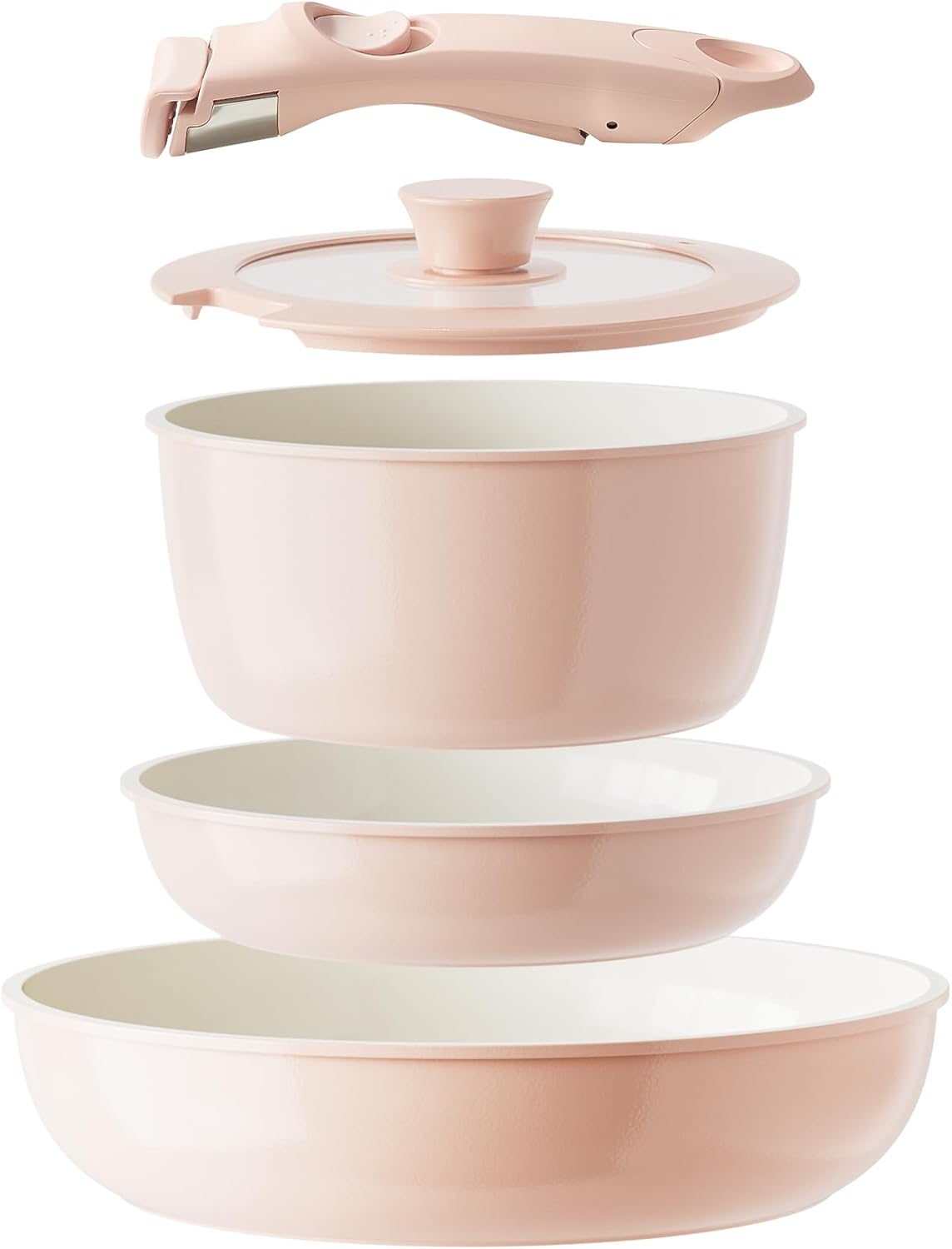 Ceramic Cookware Set, Removable Handle Pots and Pans Non-Stick, Rv Cookware Set, Non-Toxic Pots and Pans Set No PFAS, PTFE, PFOA, Detachable Pots and Pans, Dishwasher & Oven Safe (Pink)