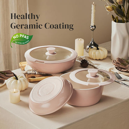 Ceramic Cookware Set, Removable Handle Pots and Pans Non-Stick, Rv Cookware Set, Non-Toxic Pots and Pans Set No PFAS, PTFE, PFOA, Detachable Pots and Pans, Dishwasher & Oven Safe (Pink)