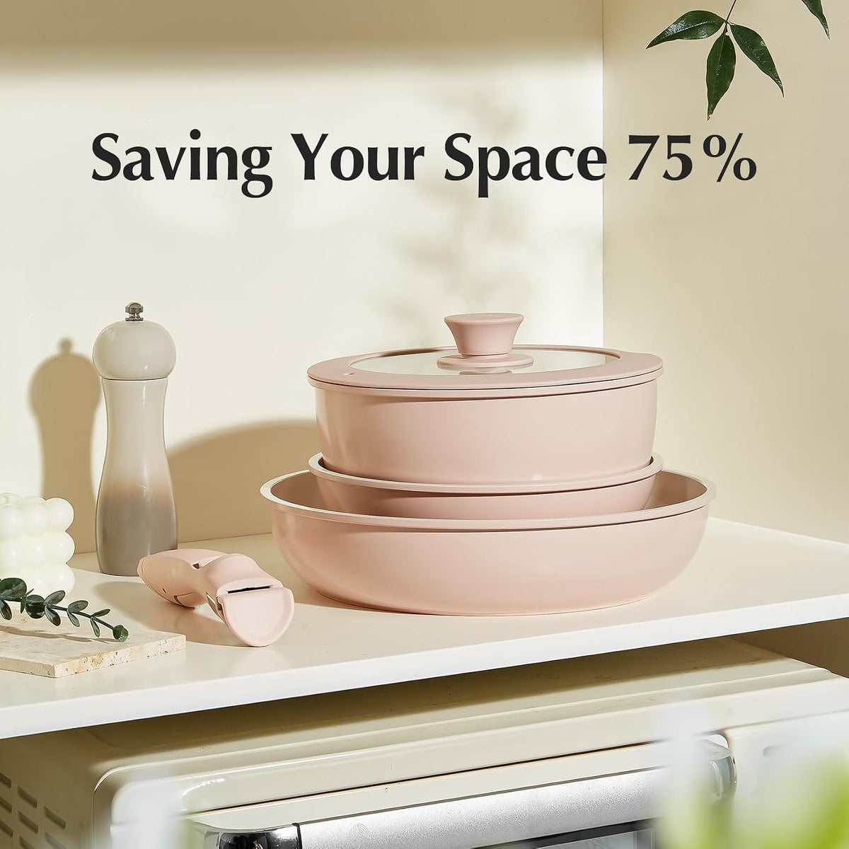 Ceramic Cookware Set, Removable Handle Pots and Pans Non-Stick, Rv Cookware Set, Non-Toxic Pots and Pans Set No PFAS, PTFE, PFOA, Detachable Pots and Pans, Dishwasher & Oven Safe (Pink)