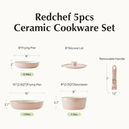 Ceramic Cookware Set, Removable Handle Pots and Pans Non-Stick, Rv Cookware Set, Non-Toxic Pots and Pans Set No PFAS, PTFE, PFOA, Detachable Pots and Pans, Dishwasher & Oven Safe (Pink)
