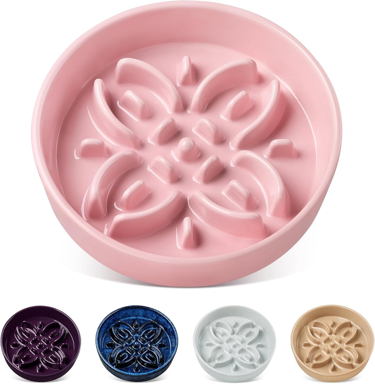 Ceramic Slow Feeder Dog Bowls, Puzzle Dog Food Bowls with Floral Maze, Anti -Slip Pet Food Dish for Small Breed, 0.6 Cups, Pink