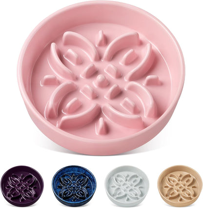 Ceramic Slow Feeder Dog Bowls, Puzzle Dog Food Bowls with Floral Maze, Anti -Slip Pet Food Dish for Small Breed, 0.6 Cups, Pink