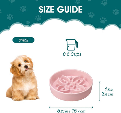 Ceramic Slow Feeder Dog Bowls, Puzzle Dog Food Bowls with Floral Maze, Anti -Slip Pet Food Dish for Small Breed, 0.6 Cups, Pink