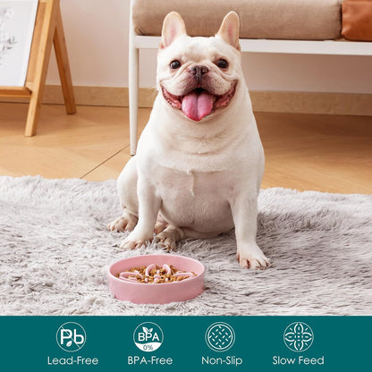 Ceramic Slow Feeder Dog Bowls, Puzzle Dog Food Bowls with Floral Maze, Anti -Slip Pet Food Dish for Small Breed, 0.6 Cups, Pink